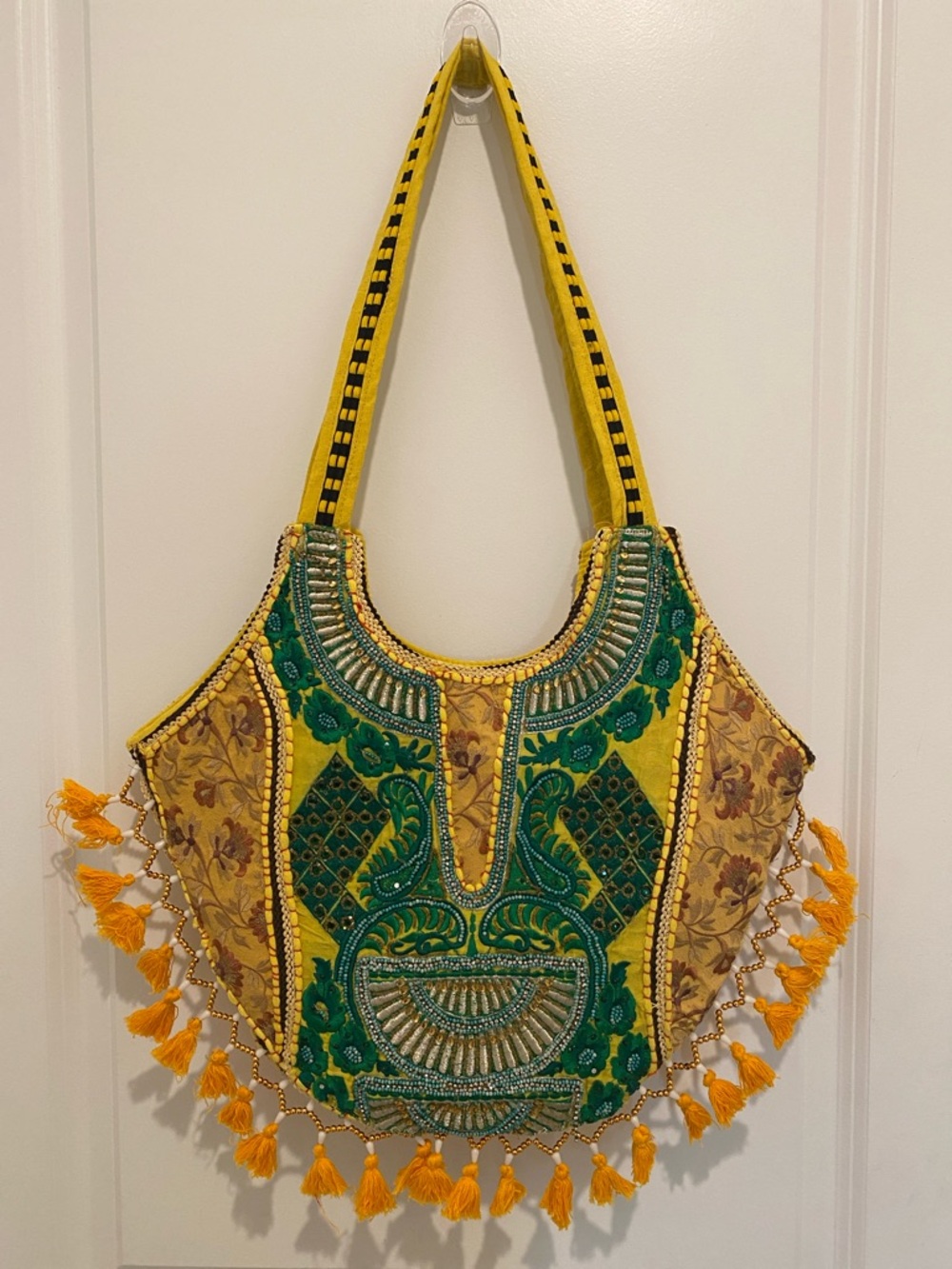 Embroidered Yellow & Green Boho Tote Bag